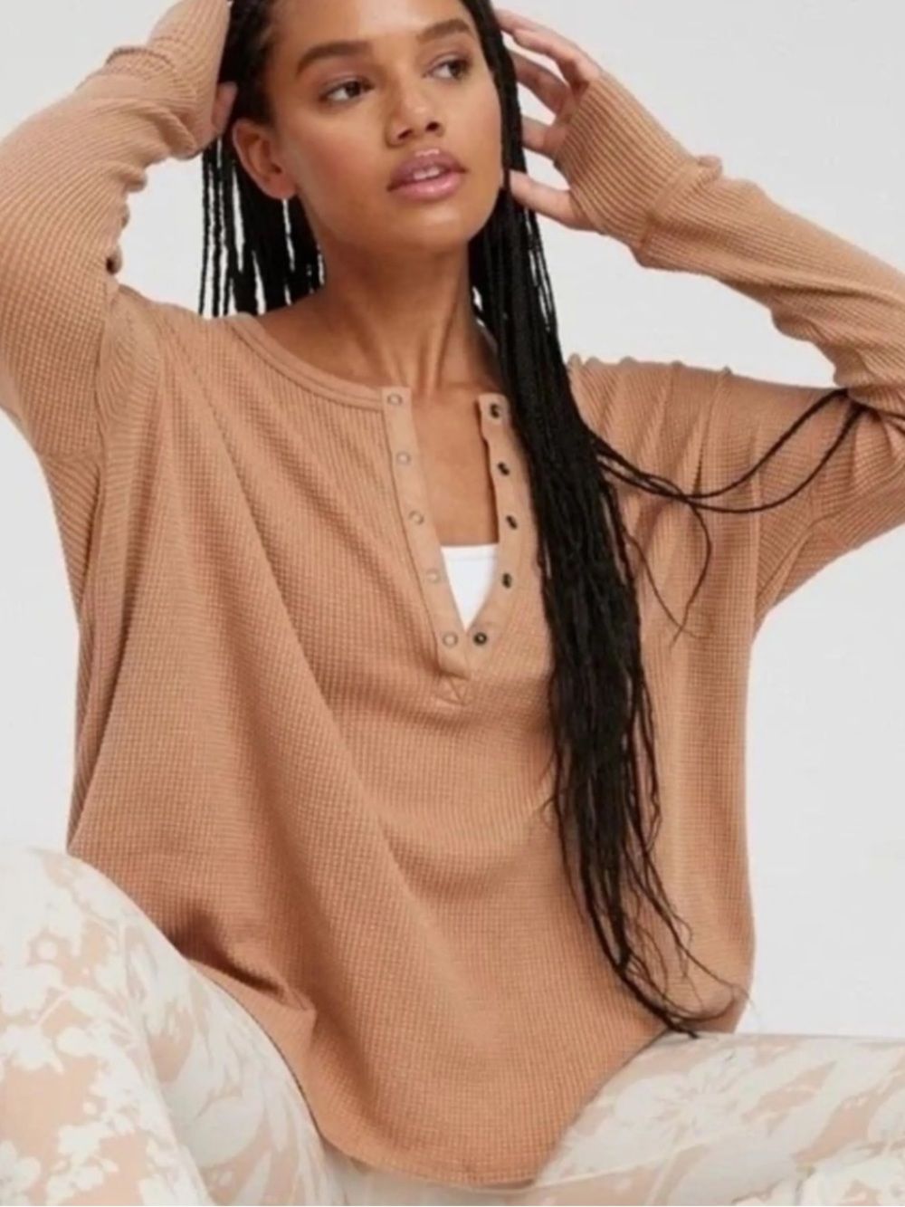 Offline By Aerie Oversized Waffle Knit Henley Long Sleeve Thermal Top